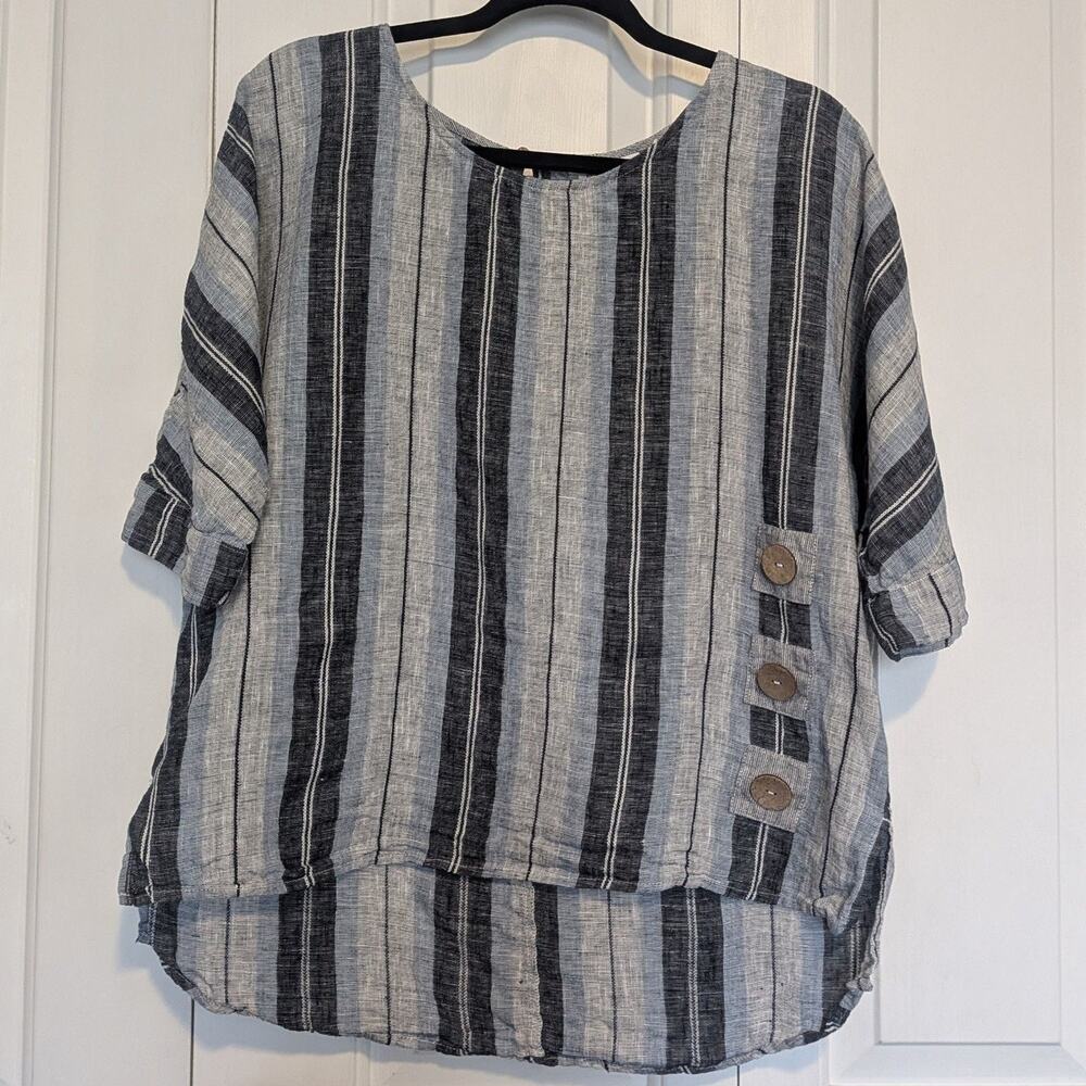 FOIL Clothing 100% Linen Blue Grey Striped Side Button Accent Tunic Top Size 6